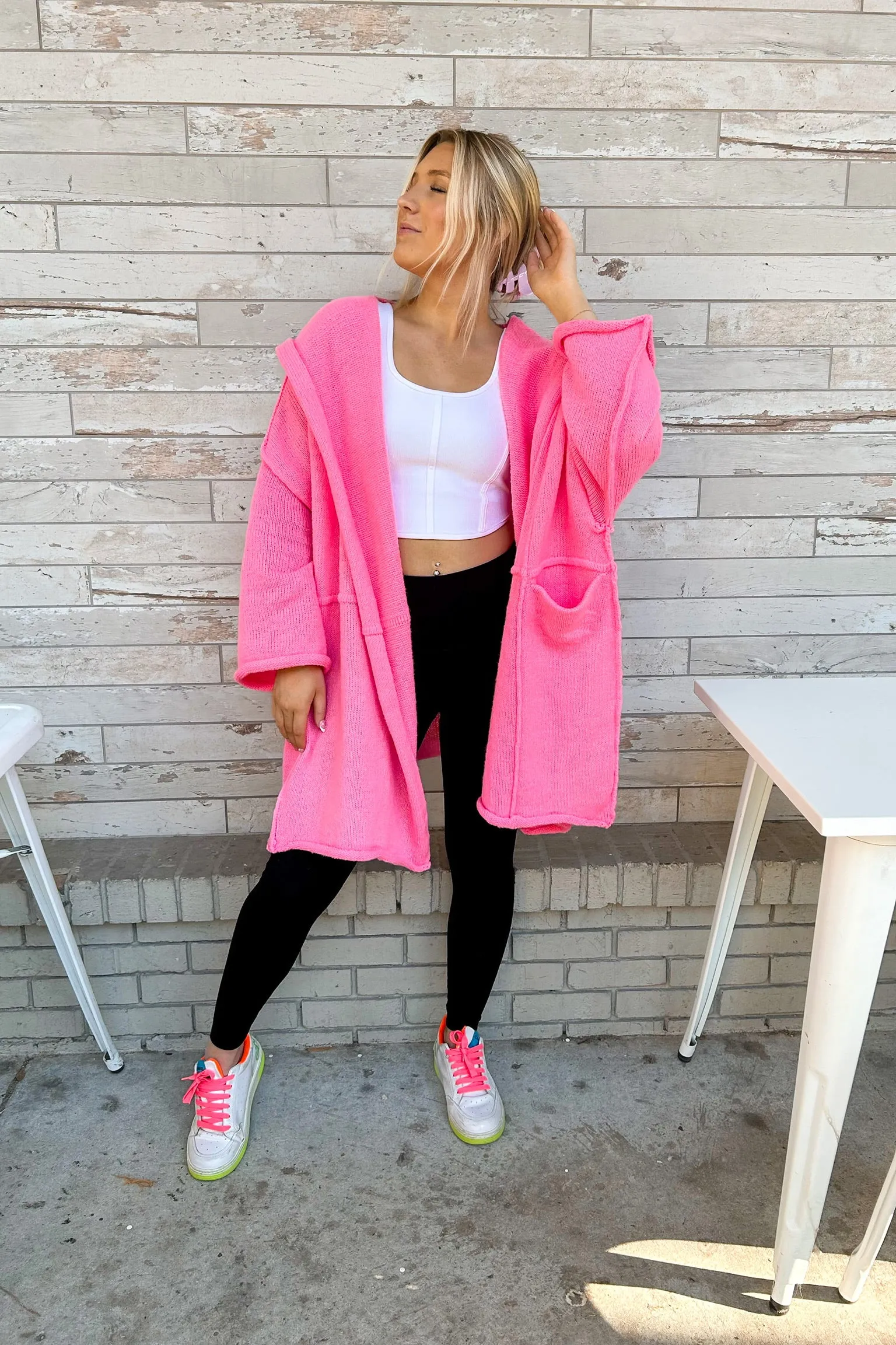 Bright Pink Oversized Hooded Cardigan