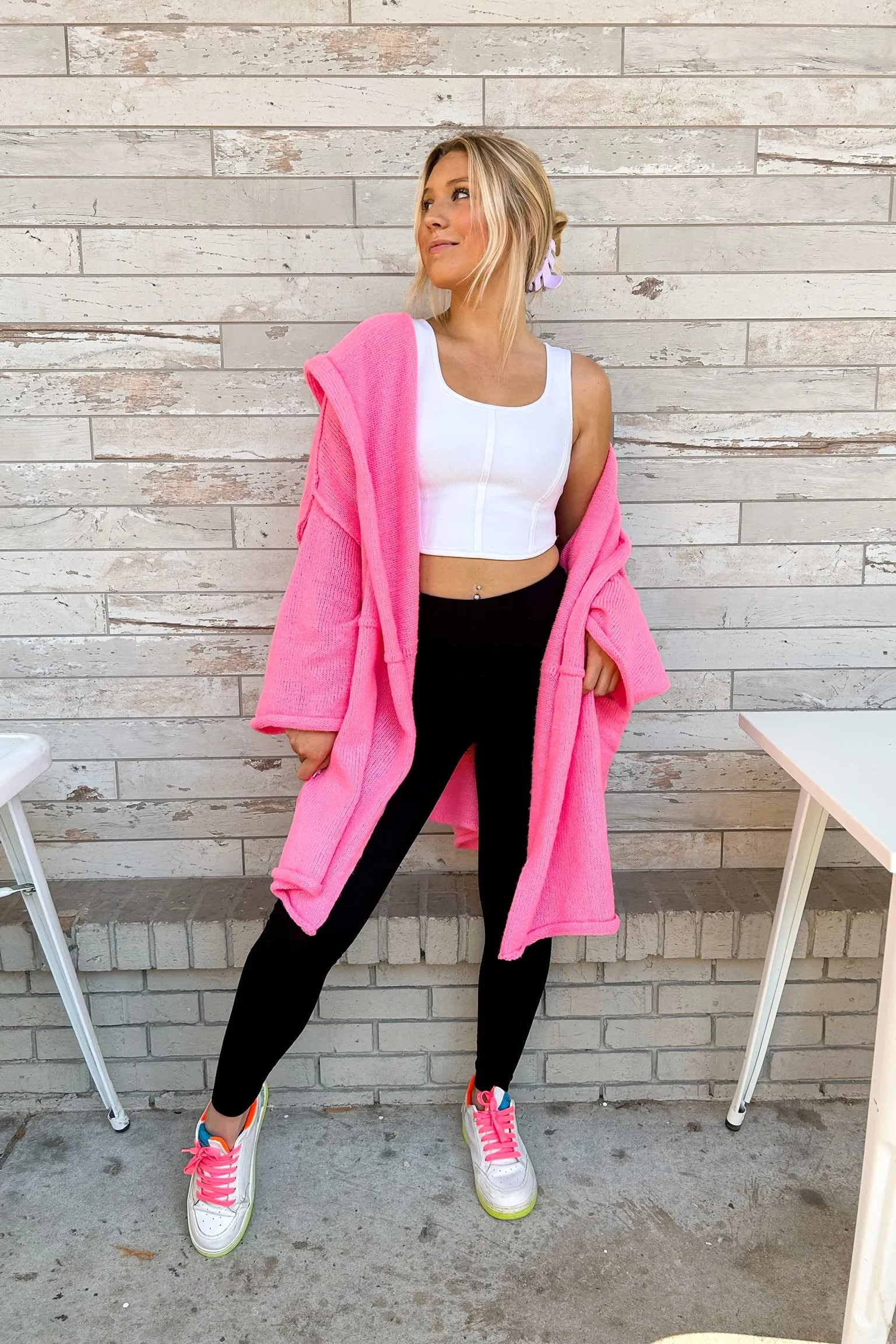 Bright Pink Oversized Hooded Cardigan