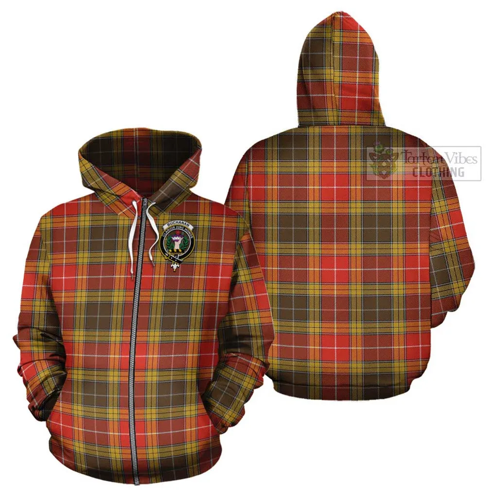 Buchanan Old Set Weathered Tartan Cotton Hoodie with Family Crest