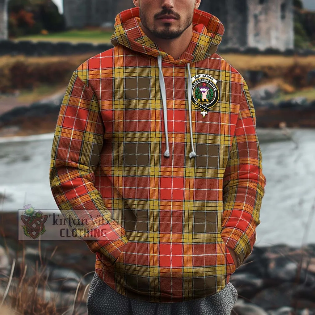 Buchanan Old Set Weathered Tartan Cotton Hoodie with Family Crest