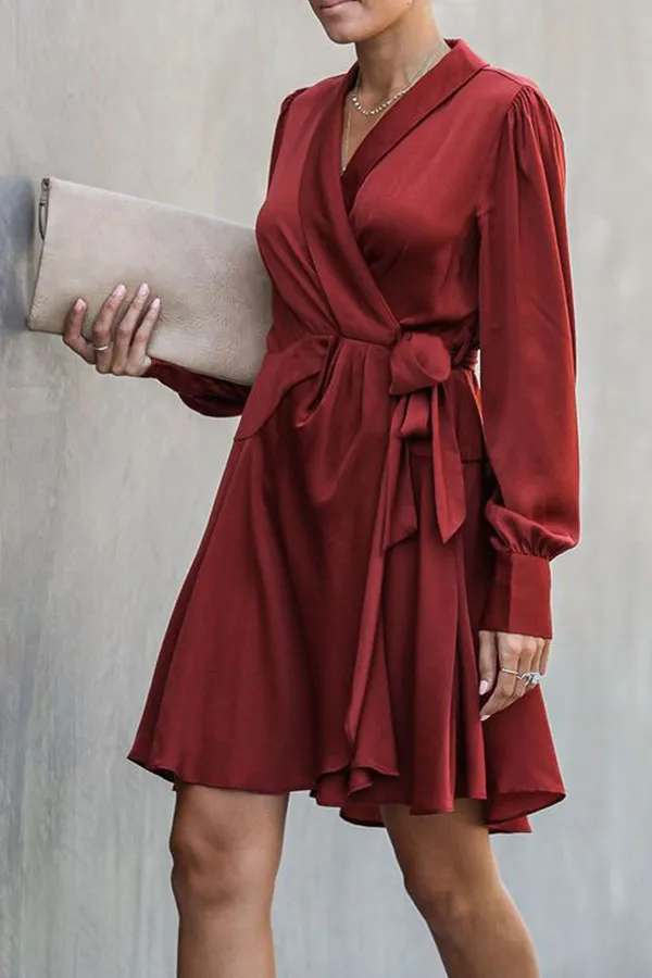 Burgundy V-neck Tie Front Wrap Dress