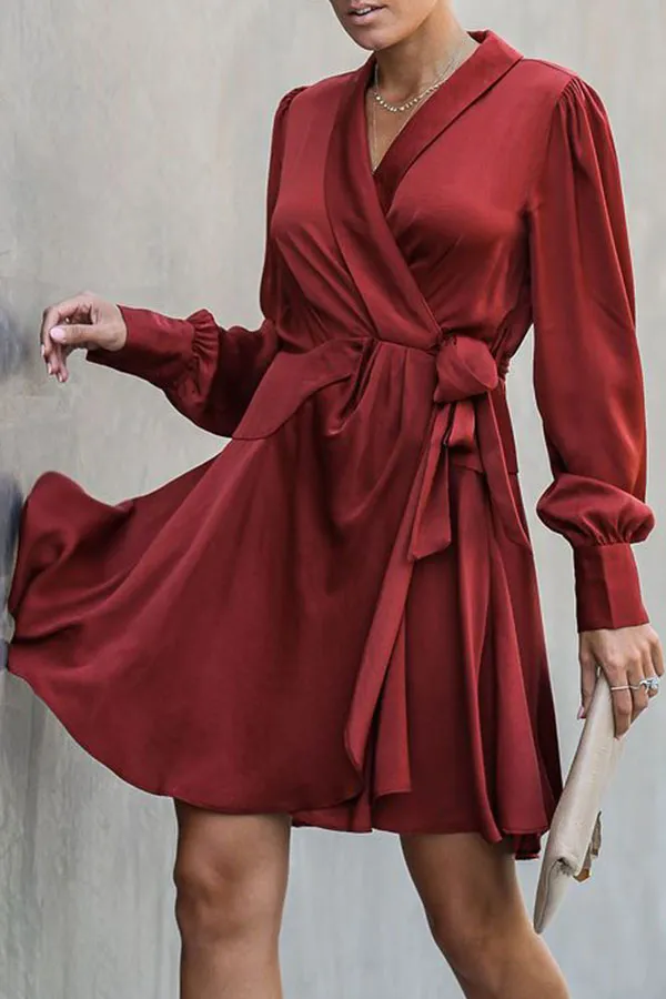 Burgundy V-neck Tie Front Wrap Dress