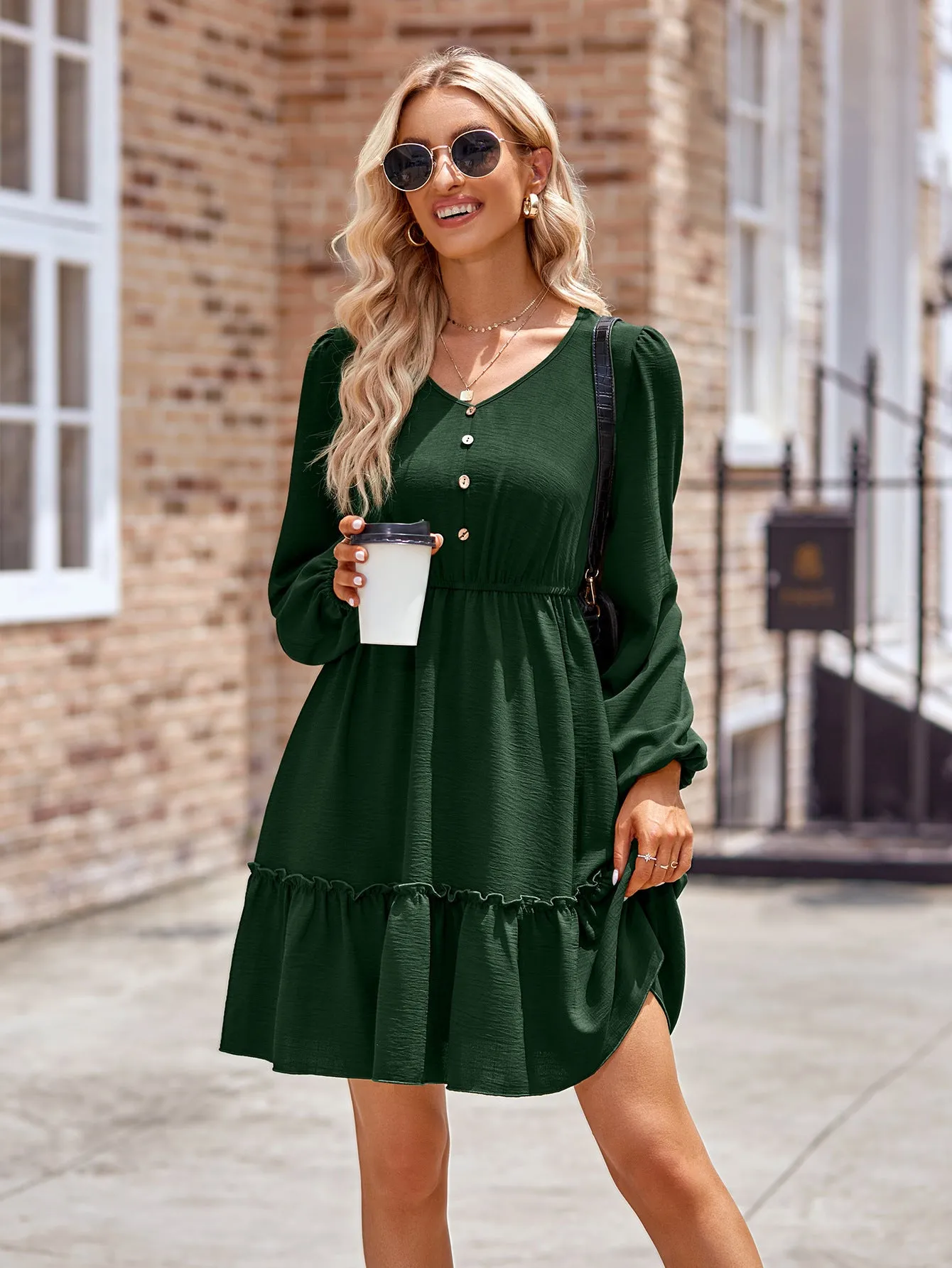 Buttoned V-Neck Puff Sleeve Dress