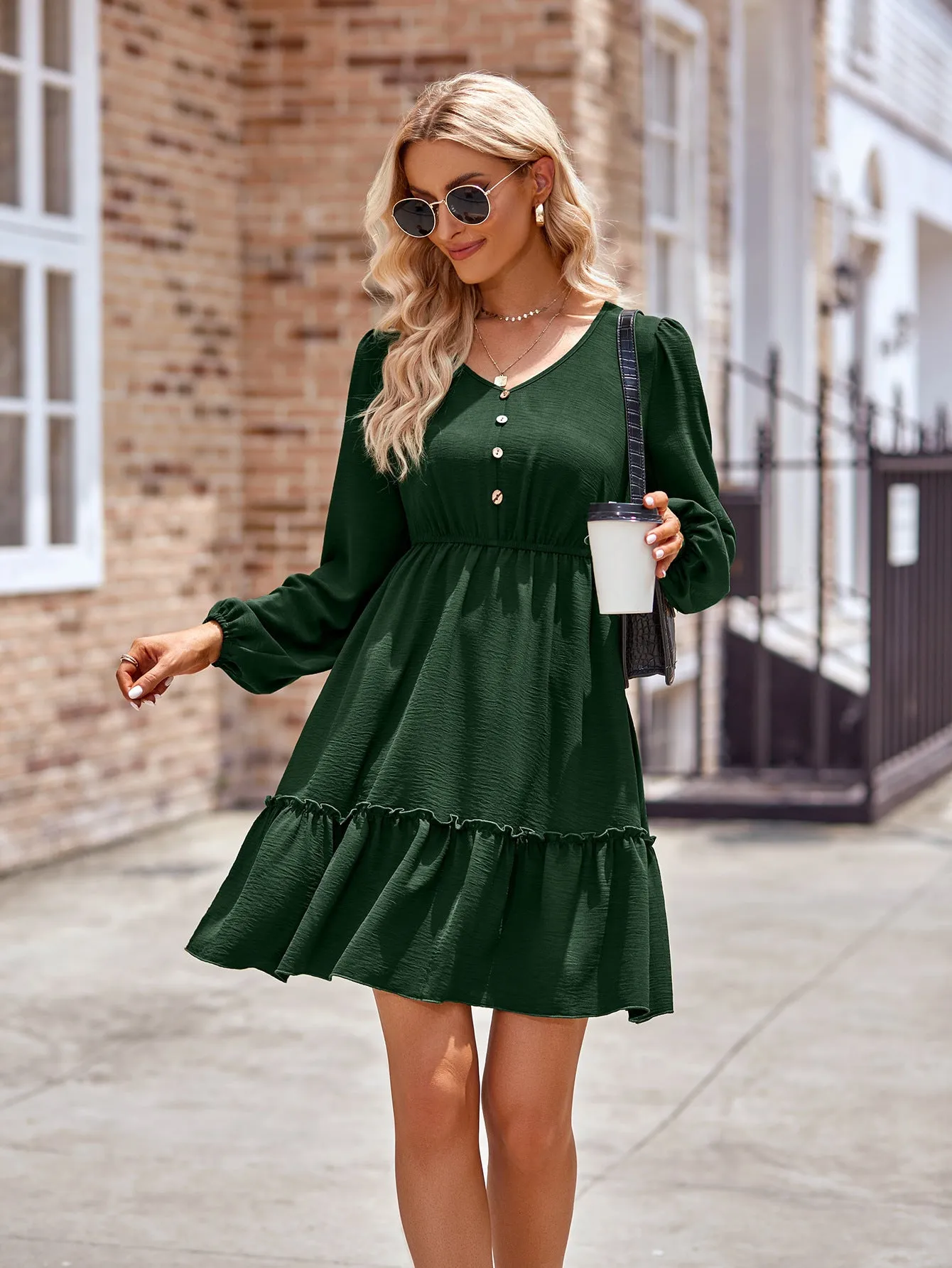 Buttoned V-Neck Puff Sleeve Dress