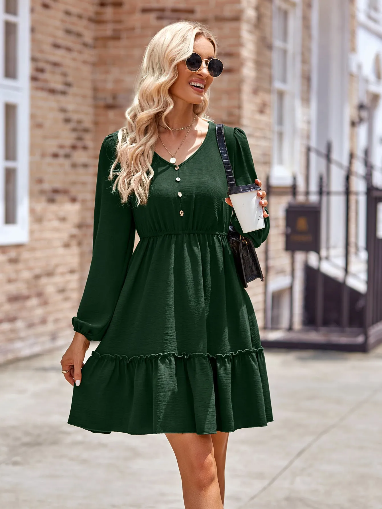 Buttoned V-Neck Puff Sleeve Dress