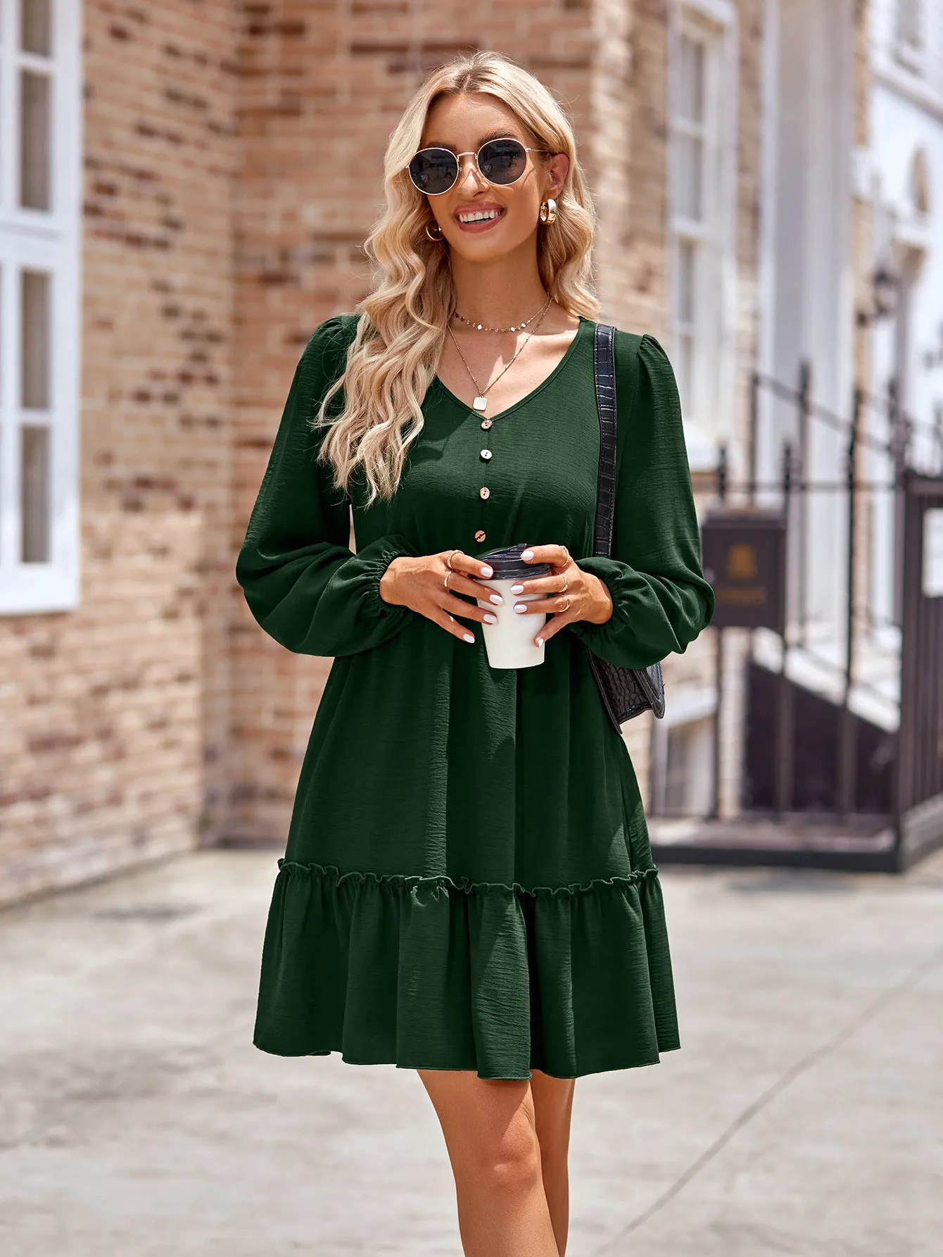 Buttoned V-Neck Puff Sleeve Dress