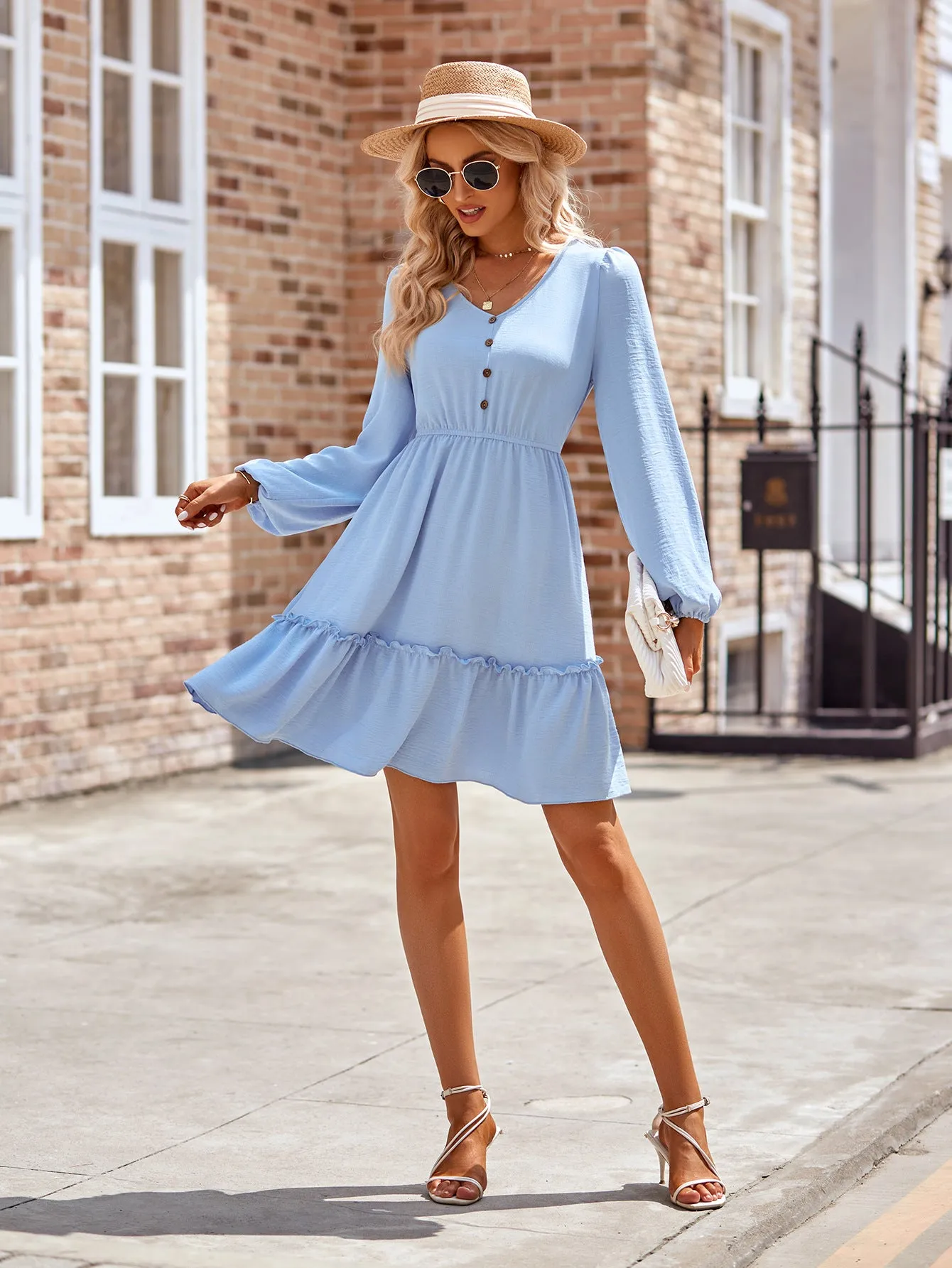 Buttoned V-Neck Puff Sleeve Dress