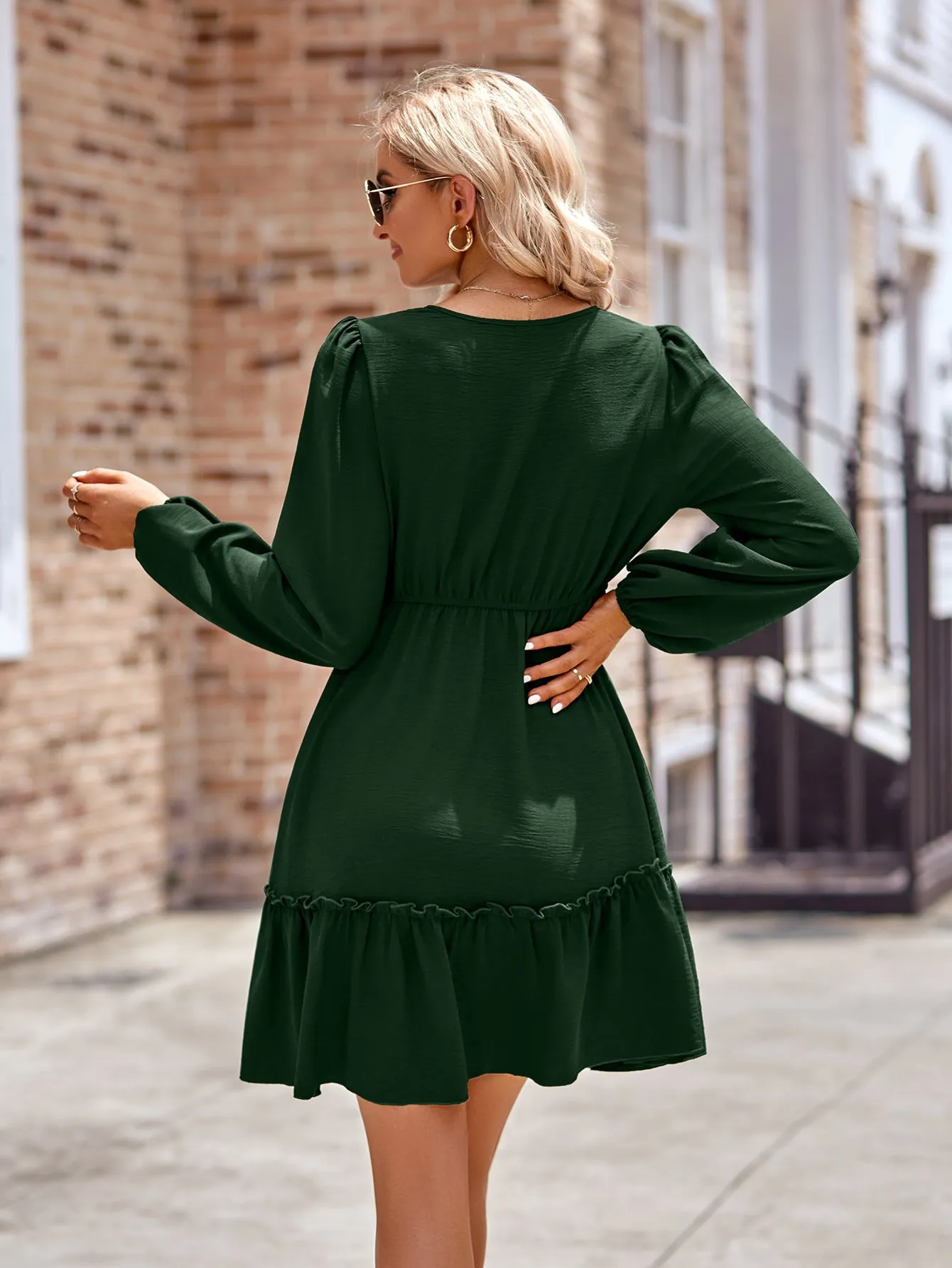 Buttoned V-Neck Puff Sleeve Dress