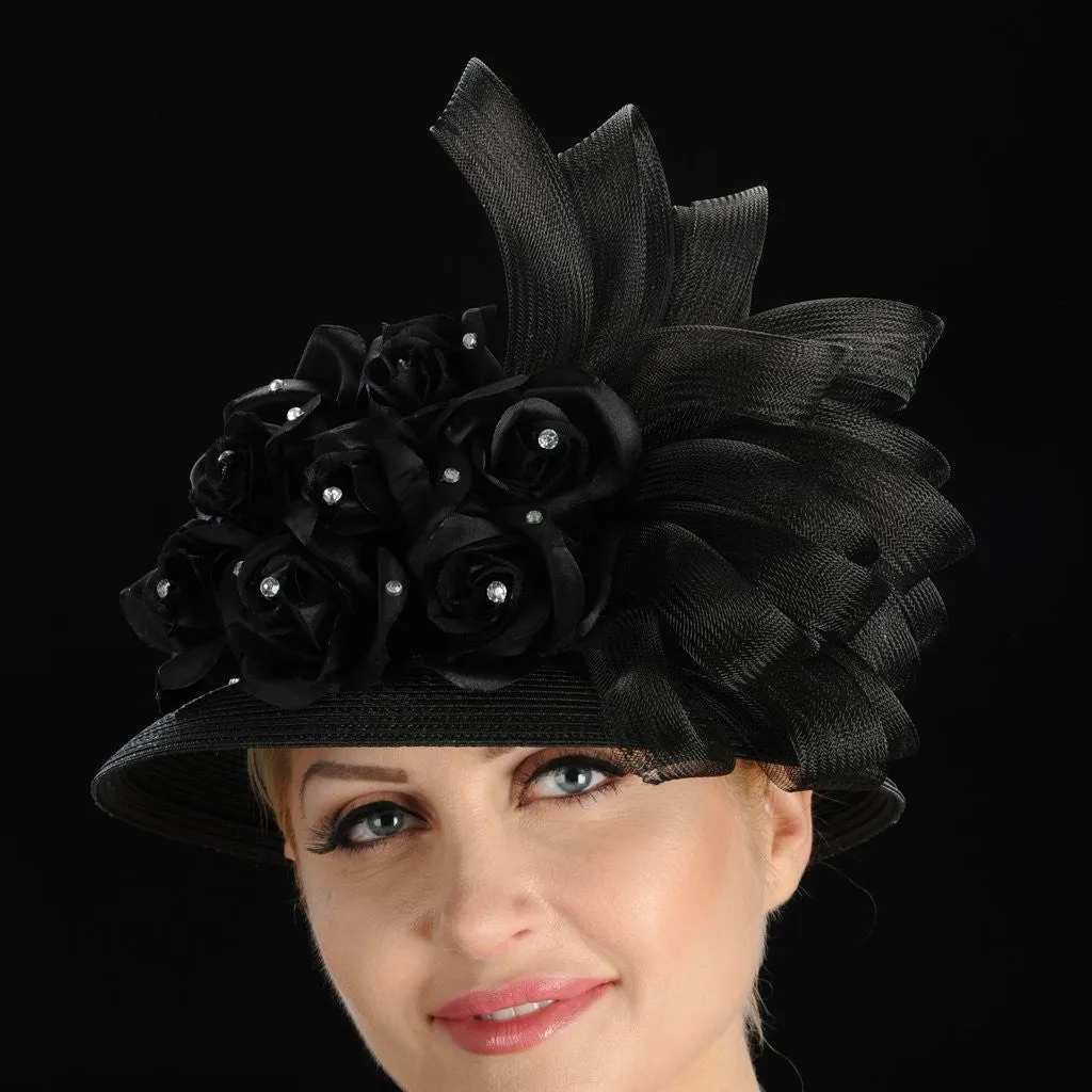 BW9006- Ladies Black Dress Hat with Satin Flowers/Horsehair and Rhinestones