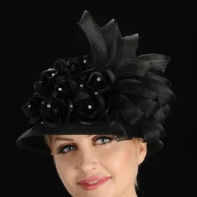 BW9006- Ladies Black Dress Hat with Satin Flowers/Horsehair and Rhinestones