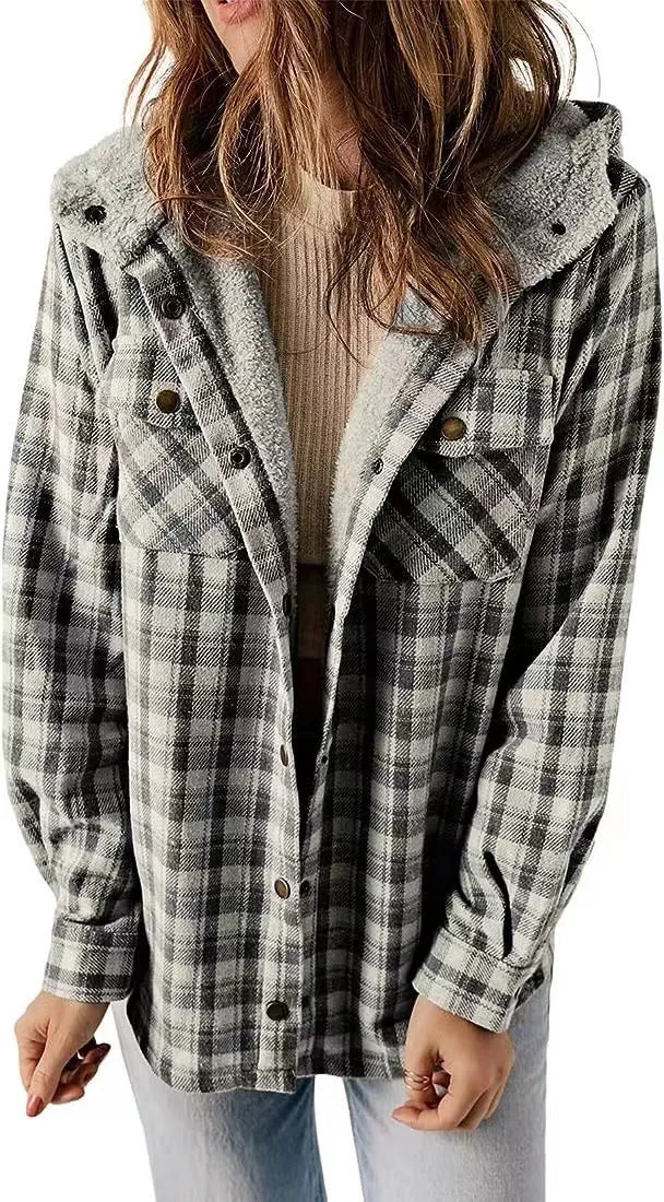 Casual Plaid Hooded Woolen Coat Thickened Fleece-lined Warm Jacket