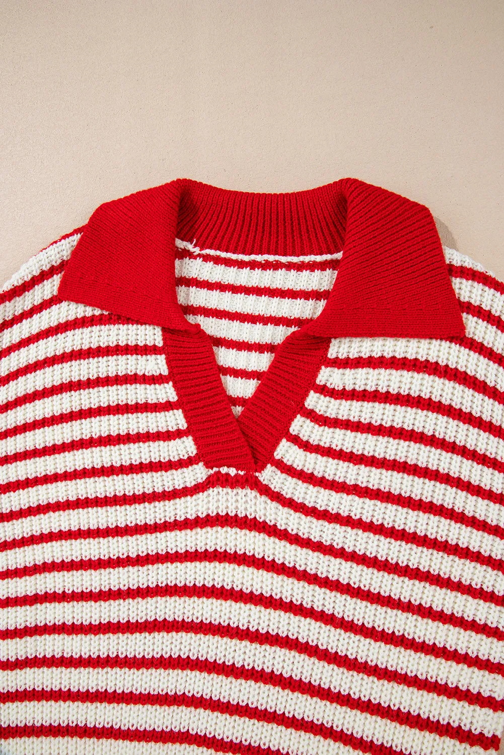 Casual Red and White Striped Lantern Sleeve Sweater