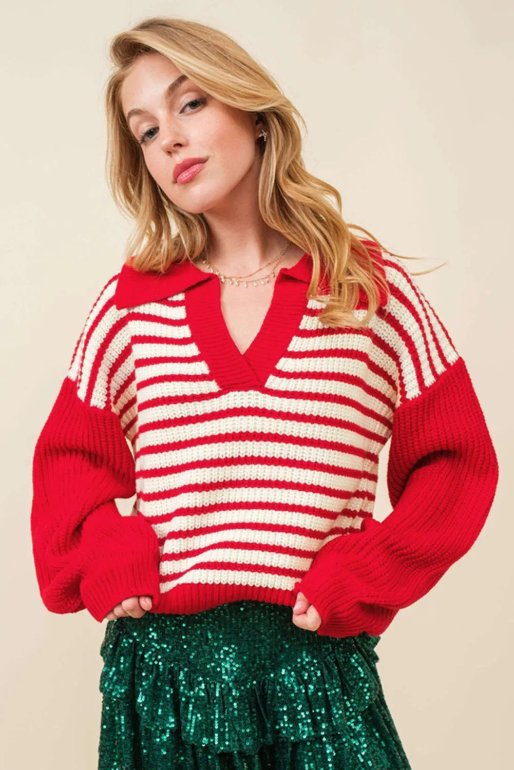 Casual Red and White Striped Lantern Sleeve Sweater