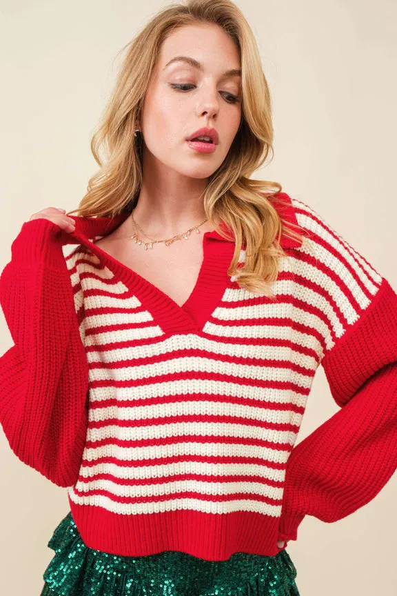 Casual Red and White Striped Lantern Sleeve Sweater