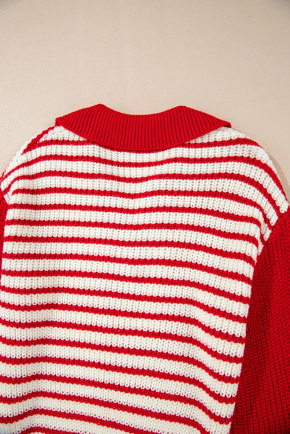 Casual Red and White Striped Lantern Sleeve Sweater