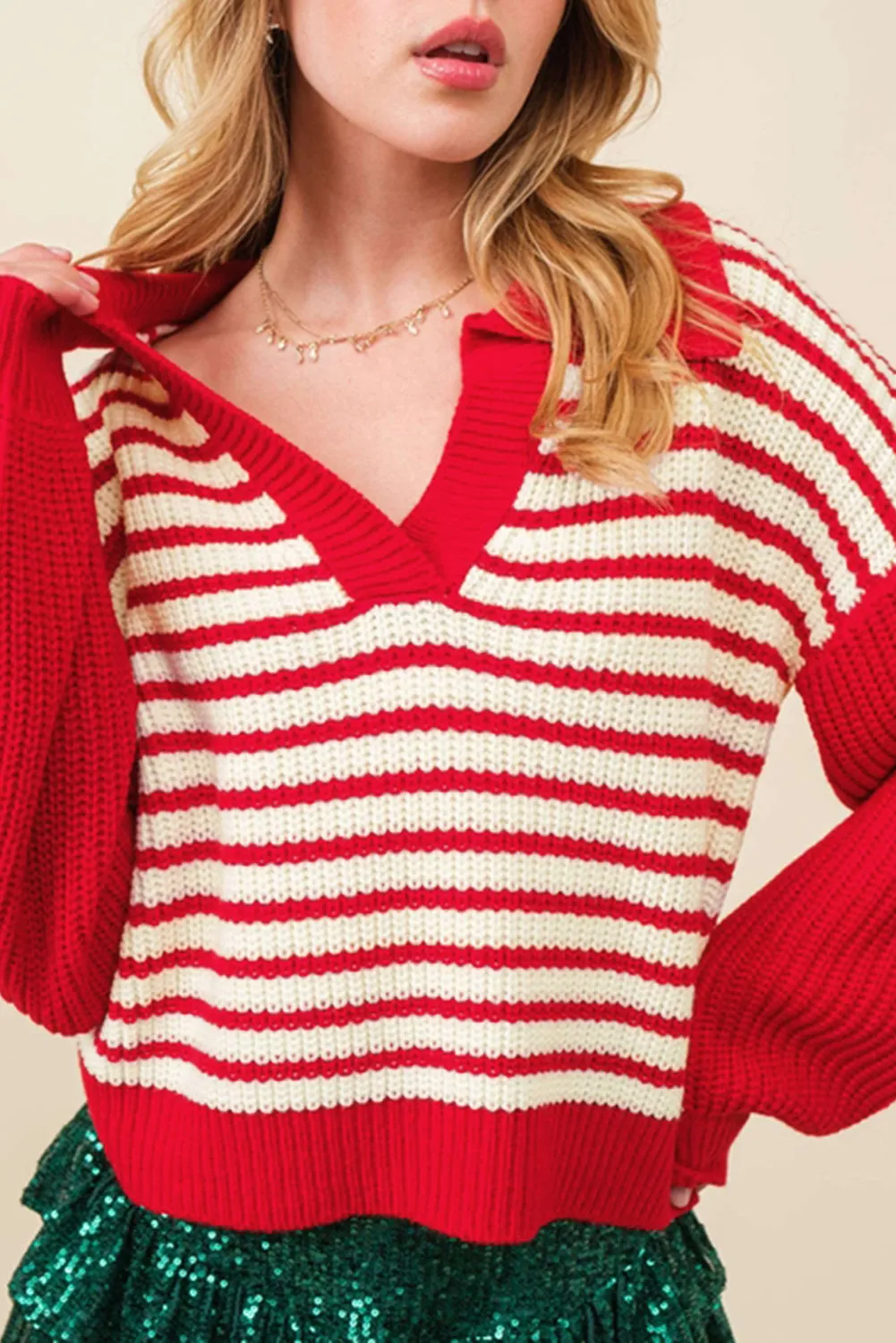 Casual Red and White Striped Lantern Sleeve Sweater