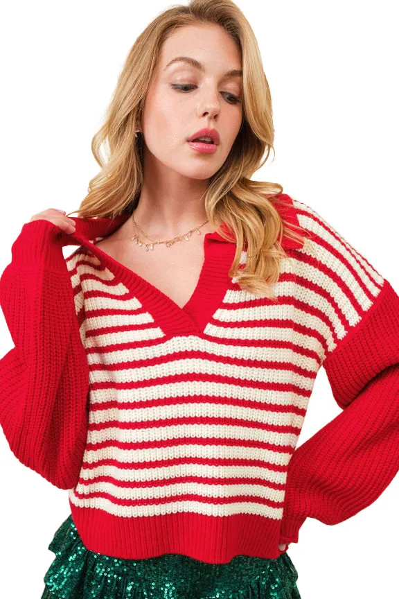 Casual Red and White Striped Lantern Sleeve Sweater