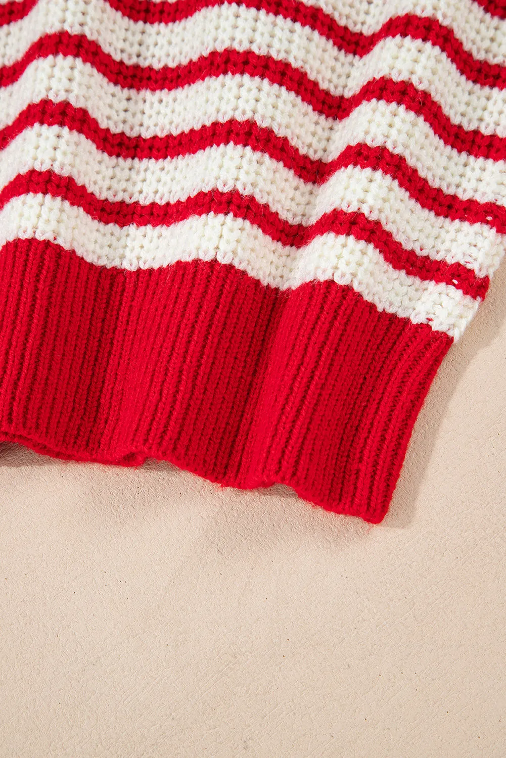 Casual Red and White Striped Lantern Sleeve Sweater