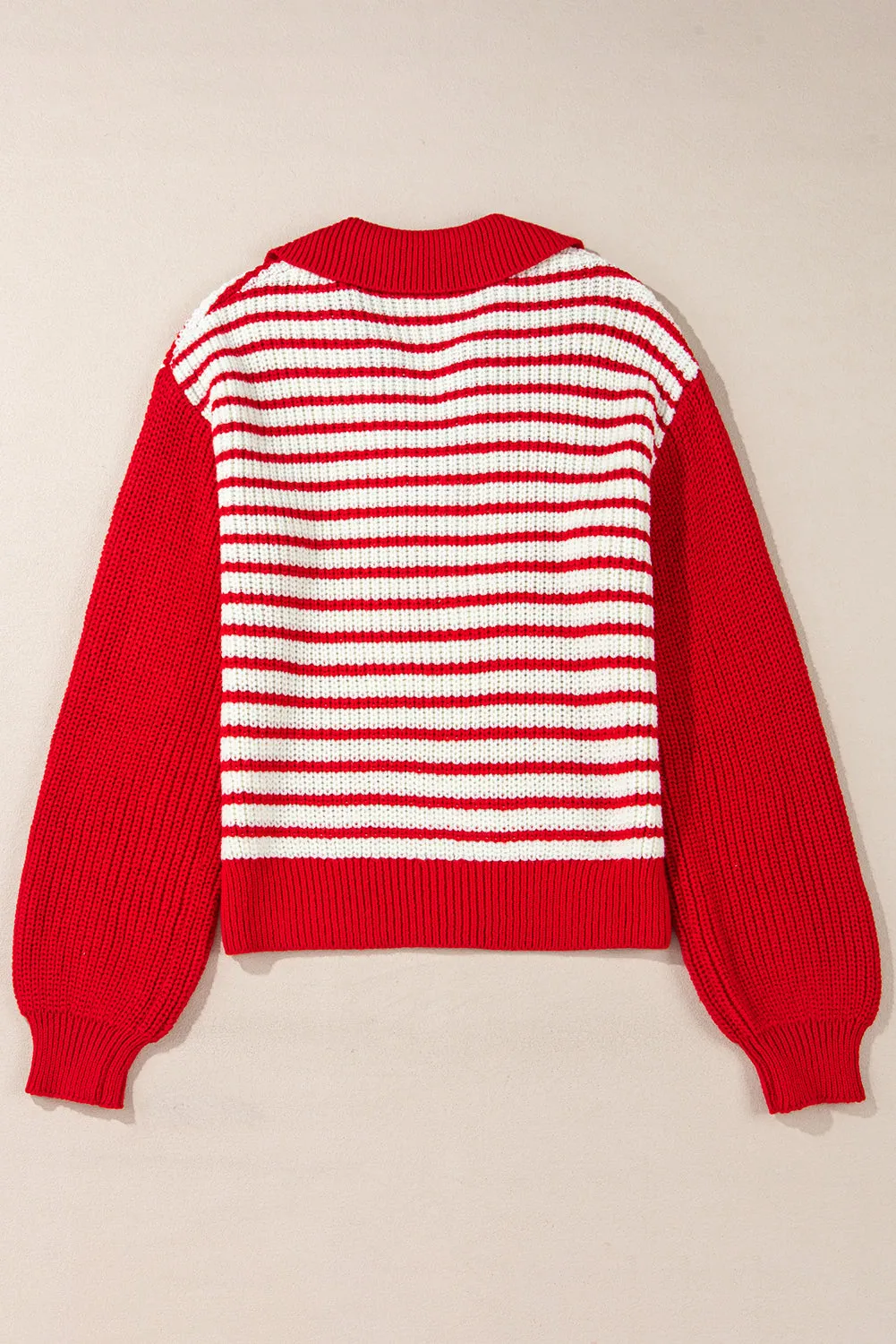 Casual Red and White Striped Lantern Sleeve Sweater