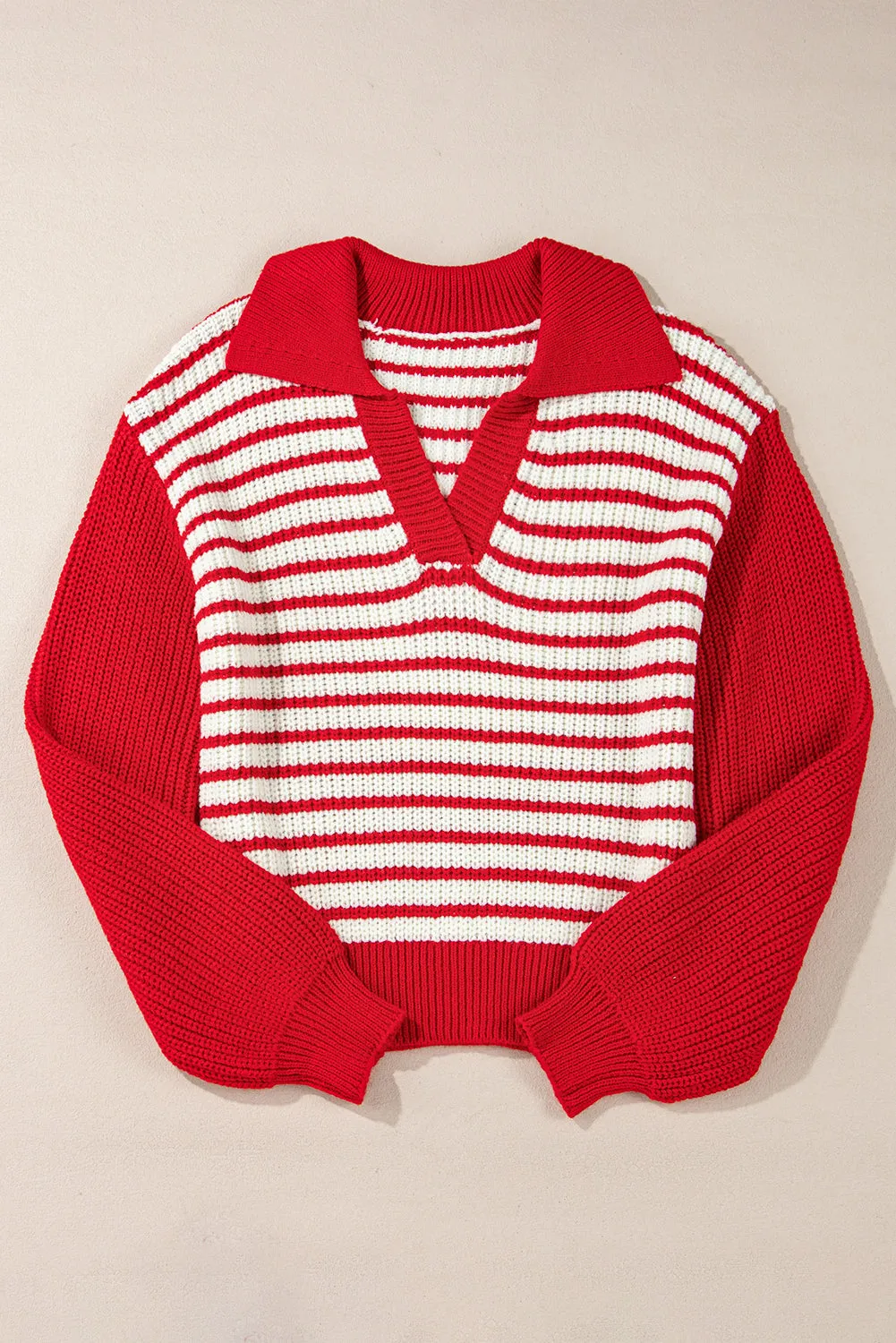 Casual Red and White Striped Lantern Sleeve Sweater