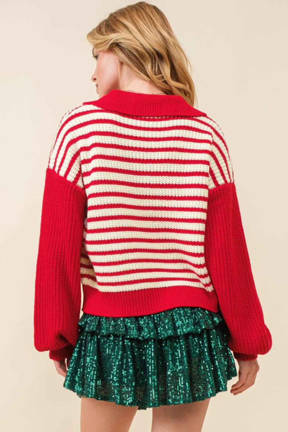 Casual Red and White Striped Lantern Sleeve Sweater