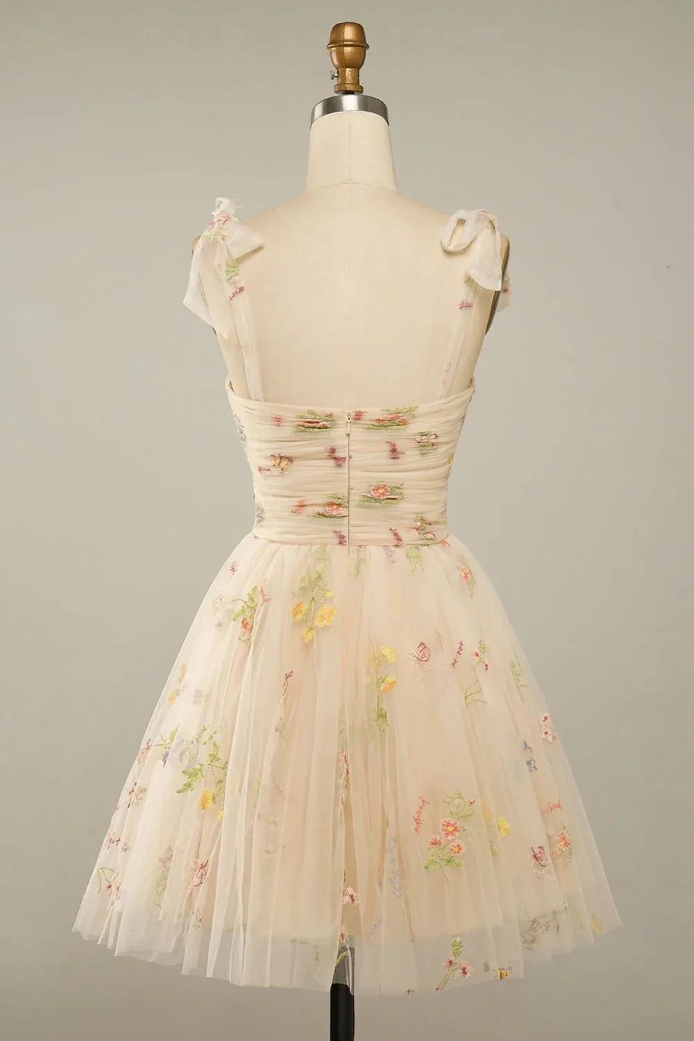 Champagne Floral Embroidery Homecoming Dress