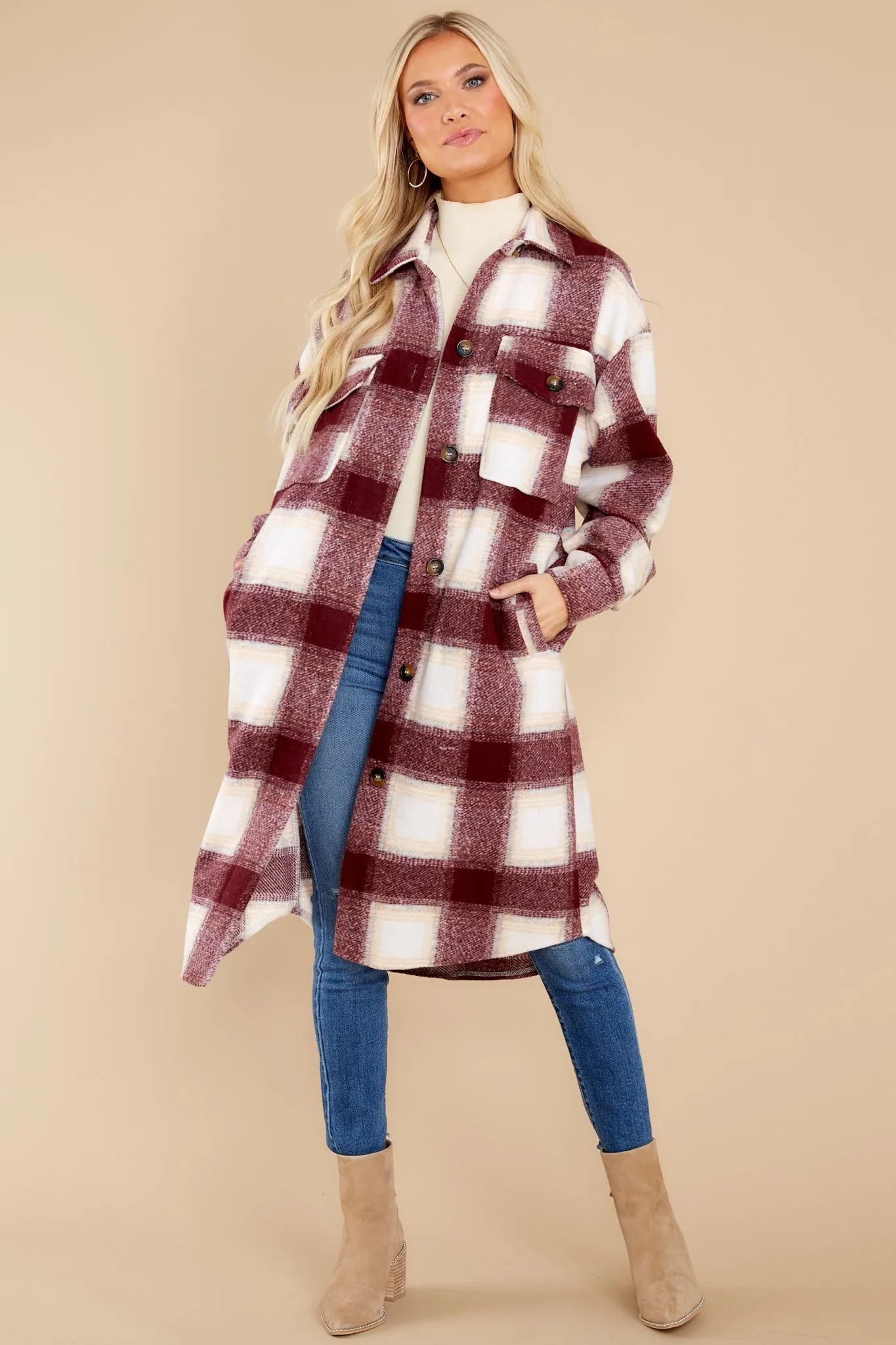 Chill Time Burgundy Plaid Coat