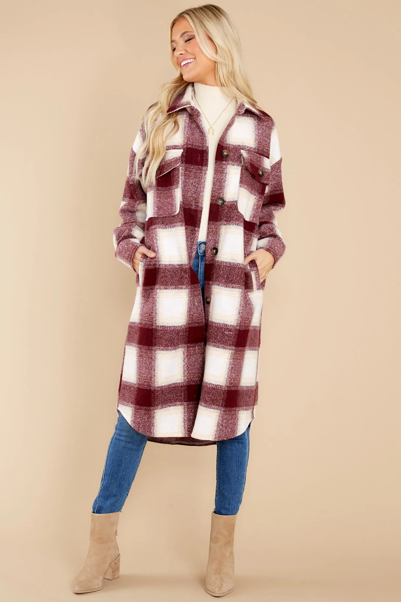 Chill Time Burgundy Plaid Coat