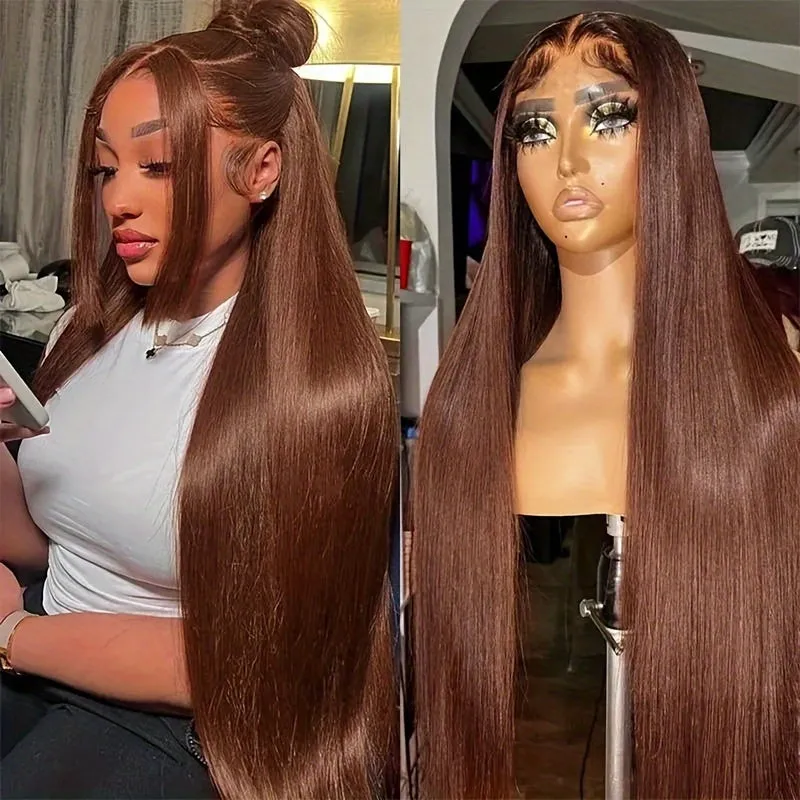 Chocolate Brown Straight Lace Front Wigs 13x4 Lace Front Human Hair Wig Standard Density Crystal HD Lace Wig Baby Hair Affordable Wig for Chic Women Colored #4