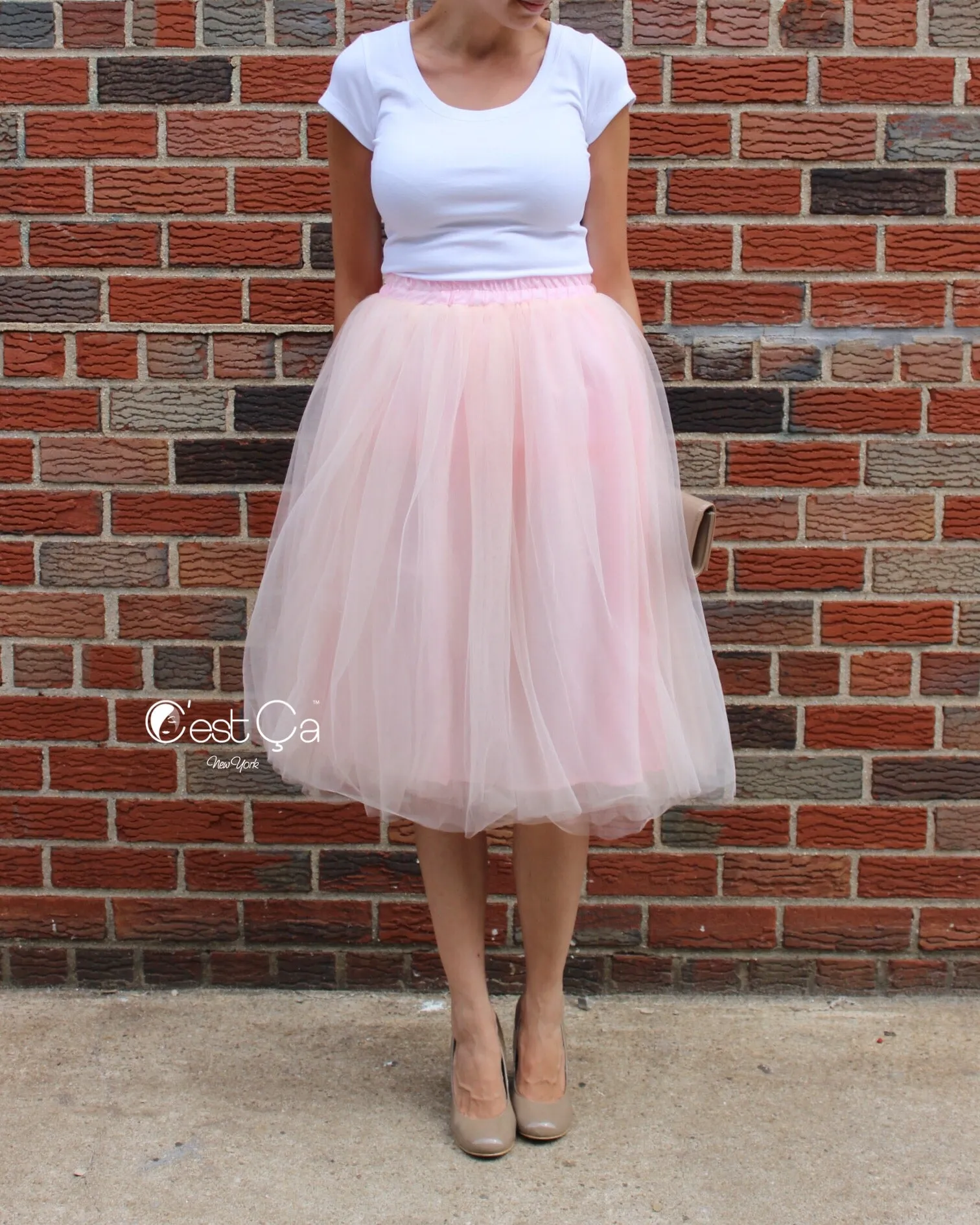 Claire Blush Pink Soft Tulle Skirt - Below Knee Midi