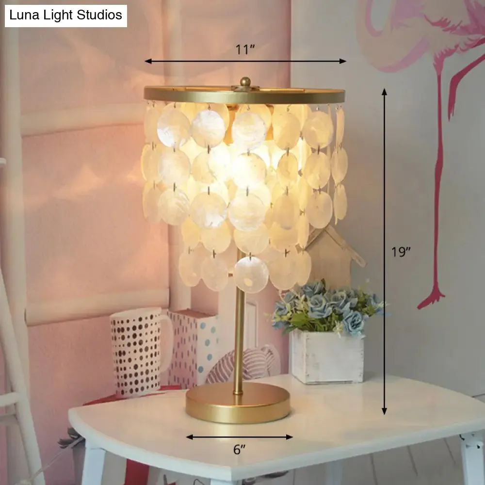 Coastal Style 2-Layer Shell Table Lamp, 2-Bulb Night Light for Girls' Bedroom in Gold