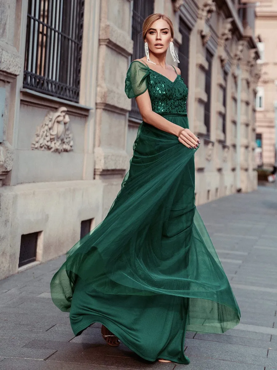 Cold Shoulder Sequin Bodice Long Tulle Bridesmaid Dress