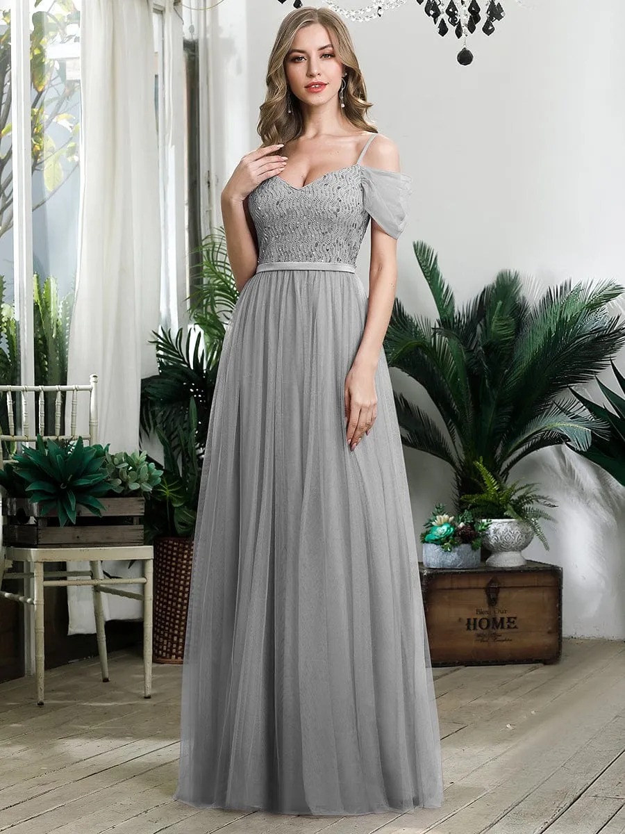 Cold Shoulder Sequin Bodice Long Tulle Bridesmaid Dress