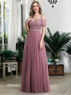 Cold Shoulder Sequin Bodice Long Tulle Bridesmaid Dress