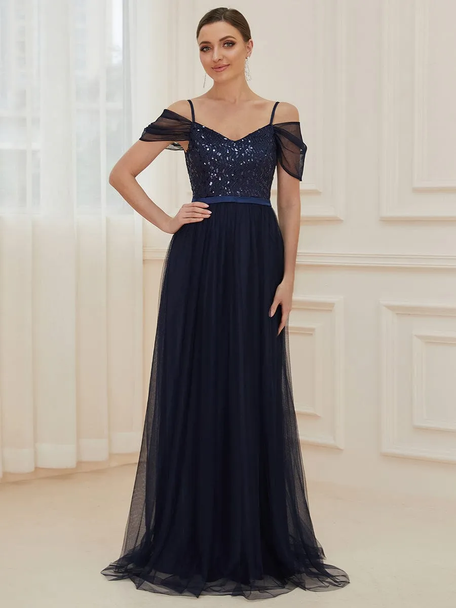 Cold Shoulder Sequin Bodice Long Tulle Bridesmaid Dress