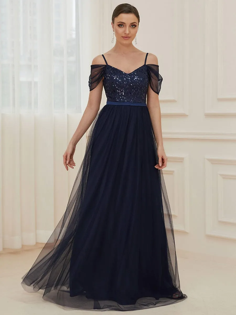 Cold Shoulder Sequin Bodice Long Tulle Bridesmaid Dress