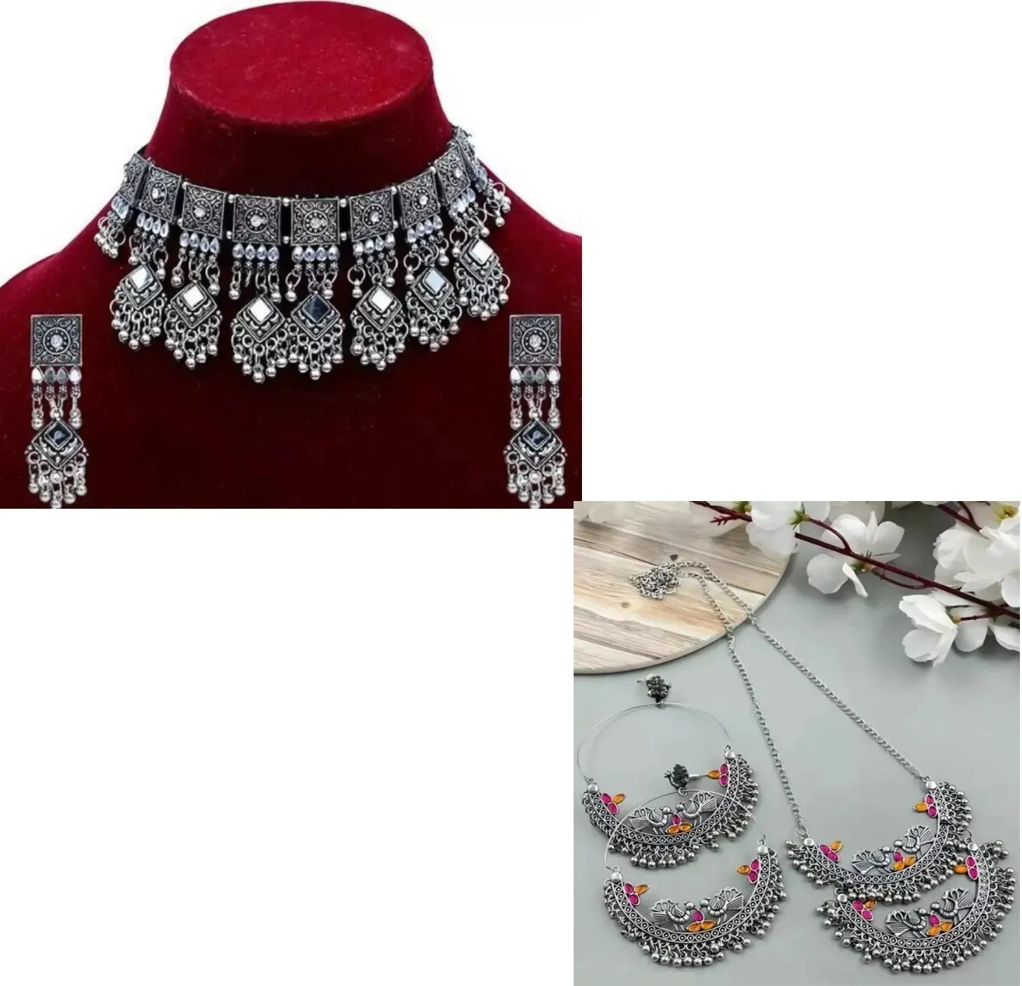 Combo Of 2 Silver-Plated Stone Studded & Beaded Jewellery Set