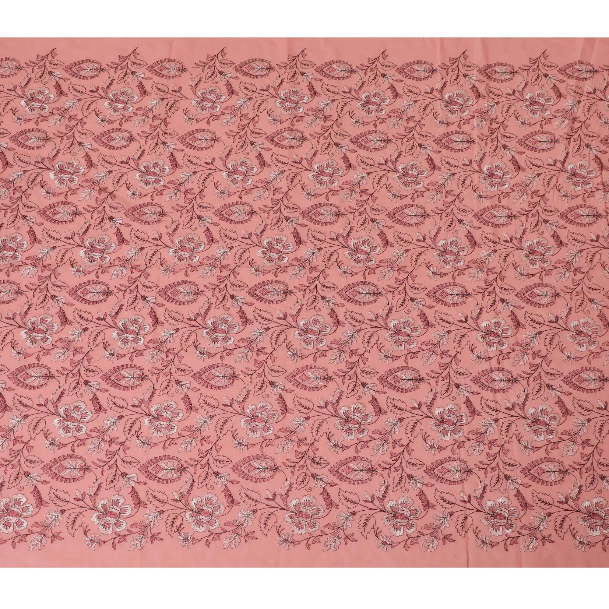 Coral Charm Embroidered Cotton Lawn Fabric - Warm Coral with White Florals, 110cm Width-D18754