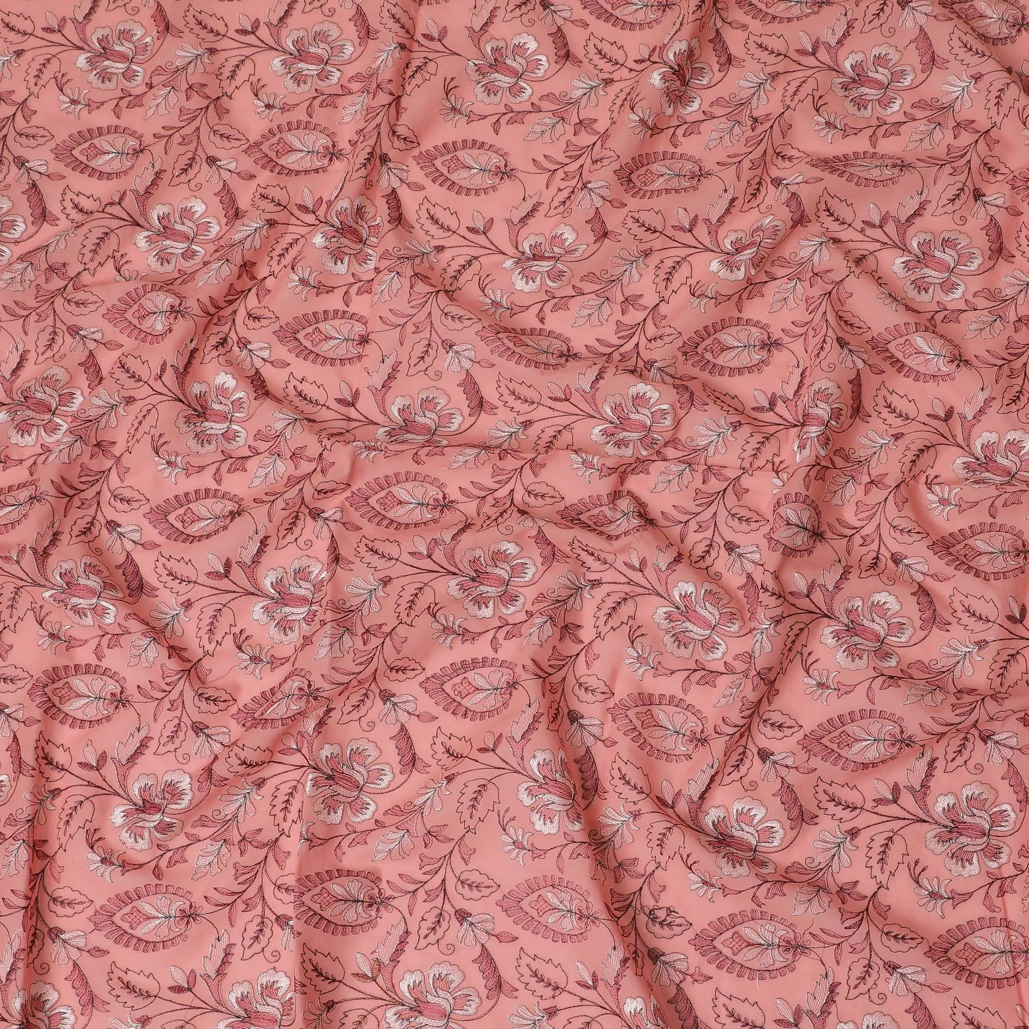 Coral Charm Embroidered Cotton Lawn Fabric - Warm Coral with White Florals, 110cm Width-D18754