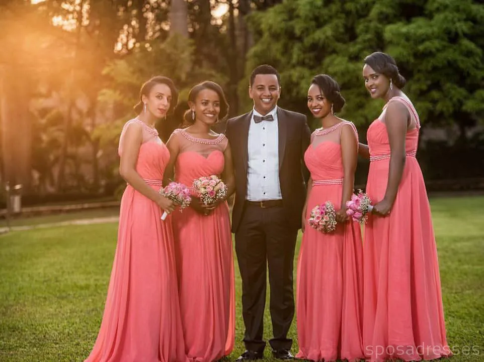 Coral Illusion Sleeveless Chiffon Custom Cheap Long Bridesmaid Dresses, WG242