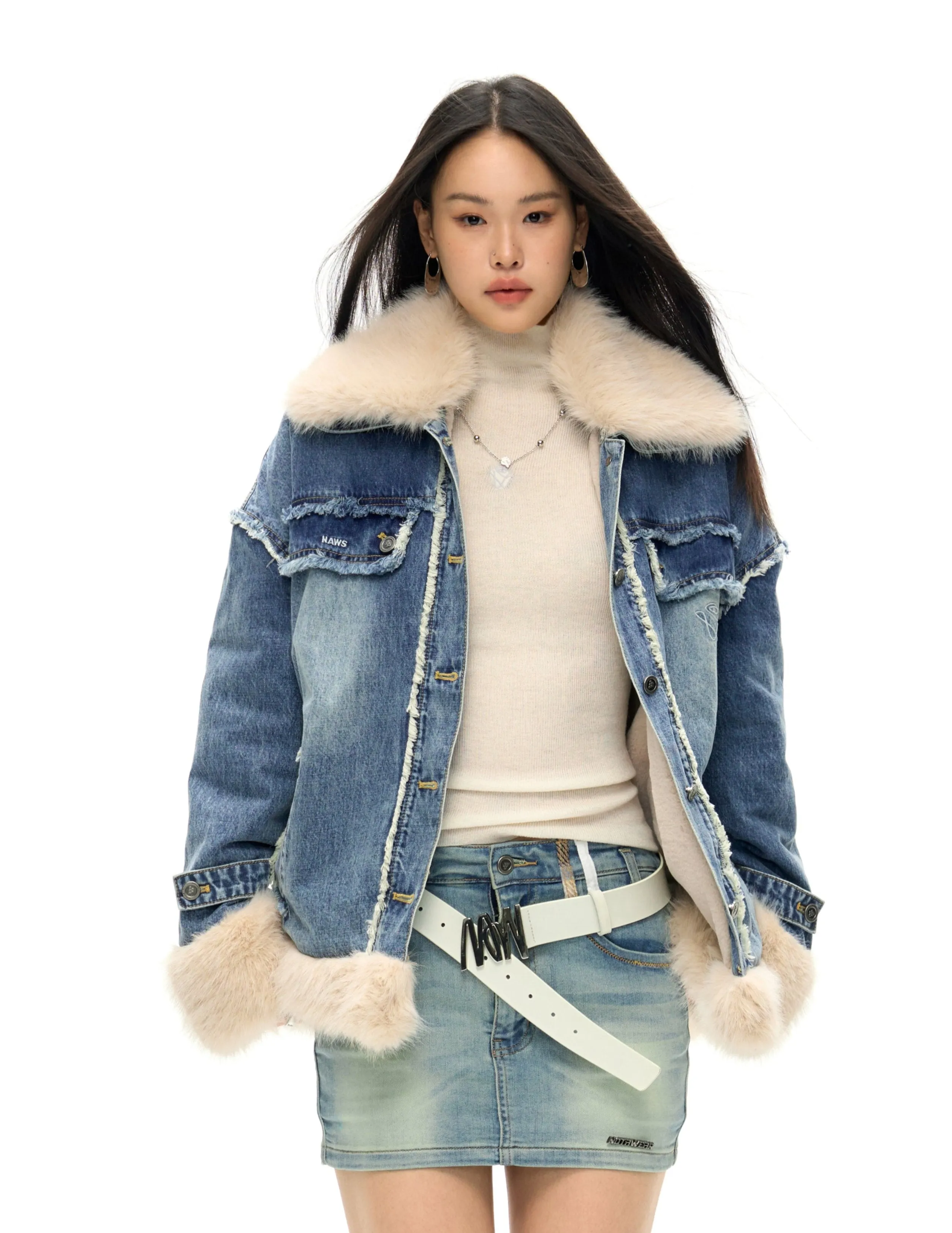 Cowboys Detachable Collar Sheep Shearling Denim jacket