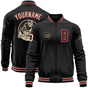 Custom Black Crimson-City Cream Bomber Varsity Letterman Zipper Jacket