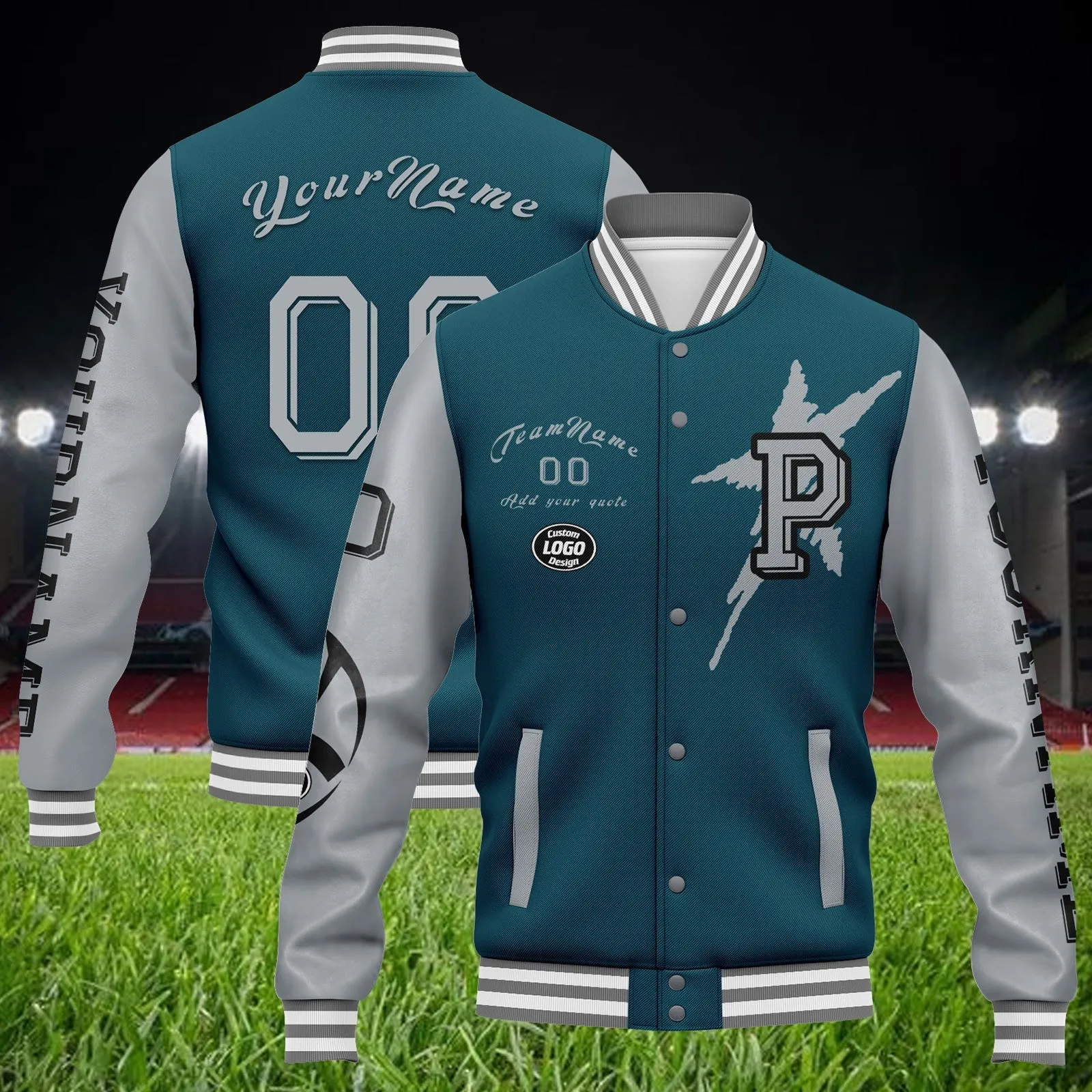 Custom Green Gray Philadelphia Jacket Bomber Full-Snap Varsity Letterman Personalized Jacket FZ005SX-D020290-23