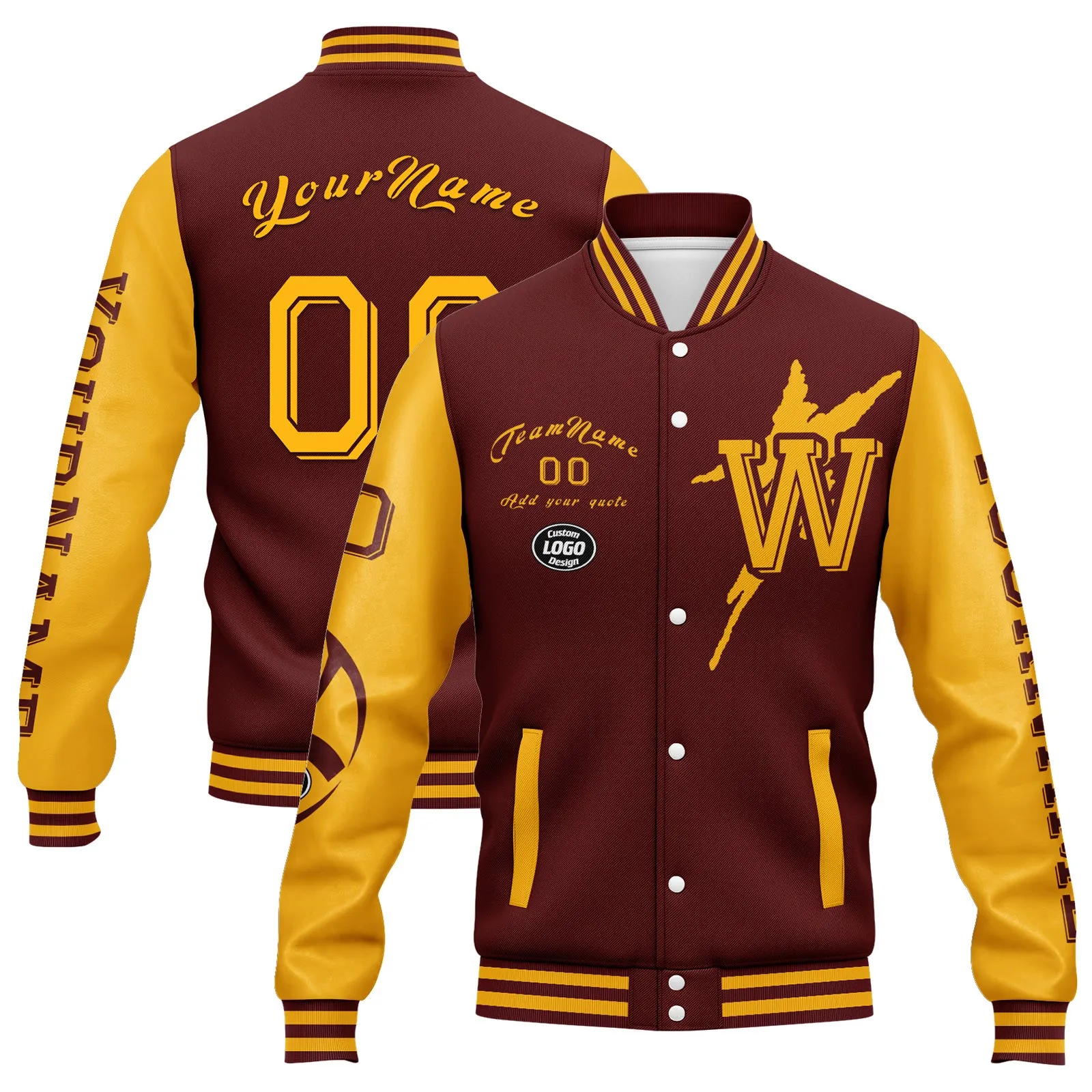 Custom Red Yellow Washington Jacket Bomber Full-Snap Varsity Letterman Personalized Jacket FZ005SX-D020290-31