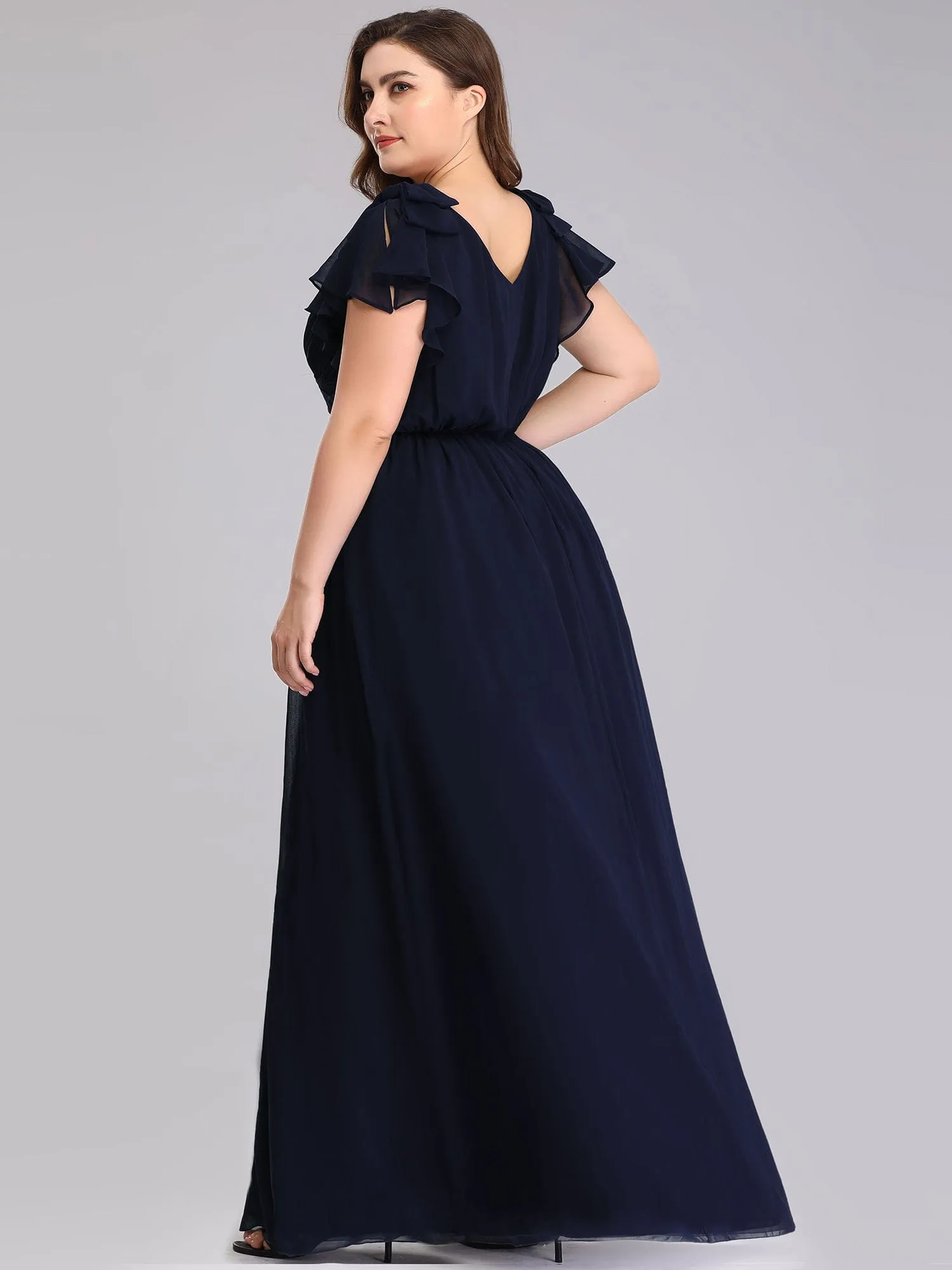 Custom Size Elegant Pleated Ruffles Sleeves Chiffon Evening Dress