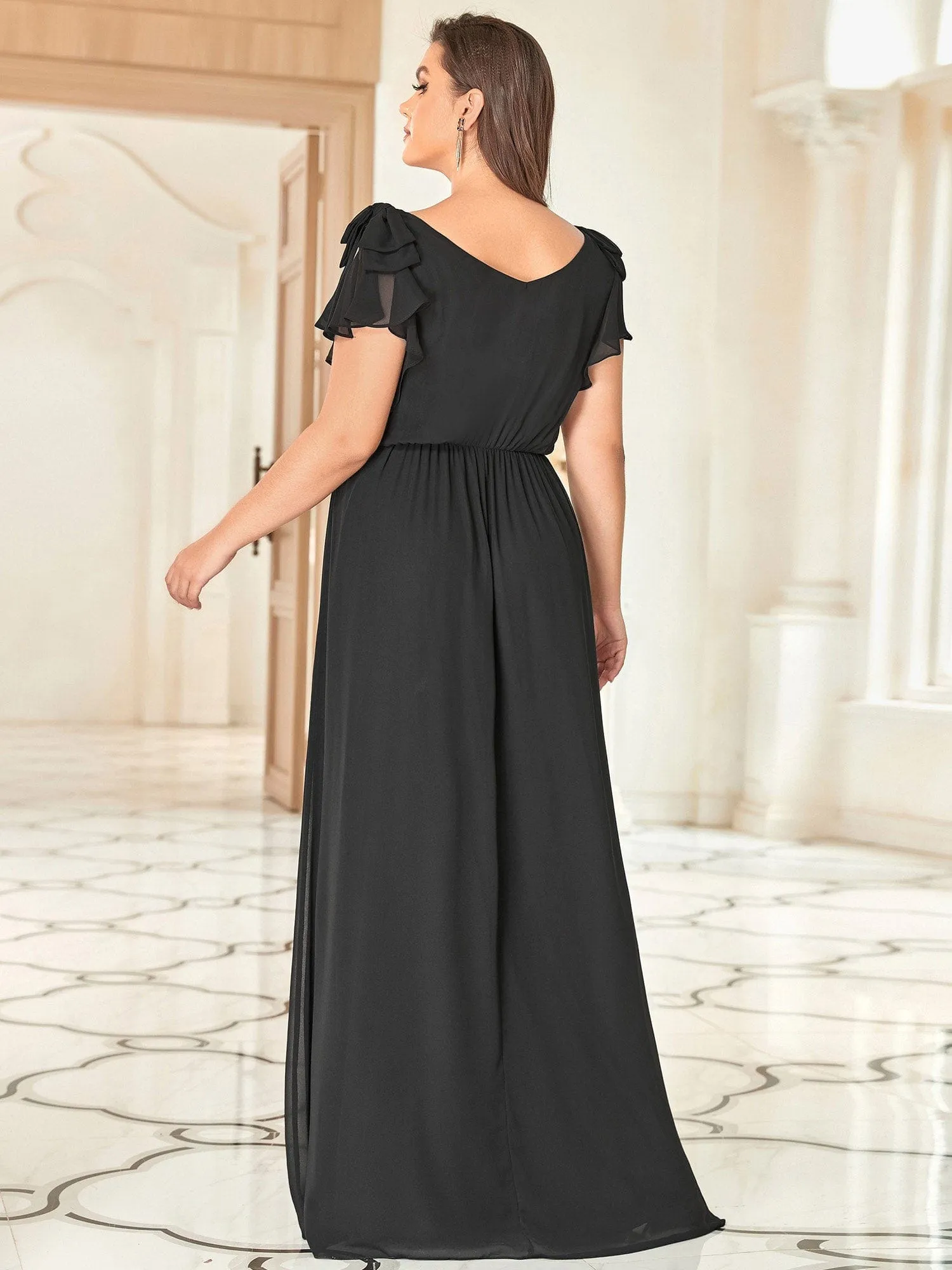 Custom Size Elegant Pleated Ruffles Sleeves Chiffon Evening Dress