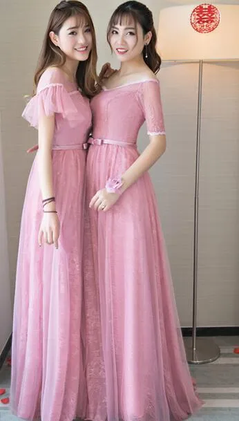 Cute Pink Lace Tulle Long Bridesmaid Dresses, Long Bridesmaid Dresses, BD004