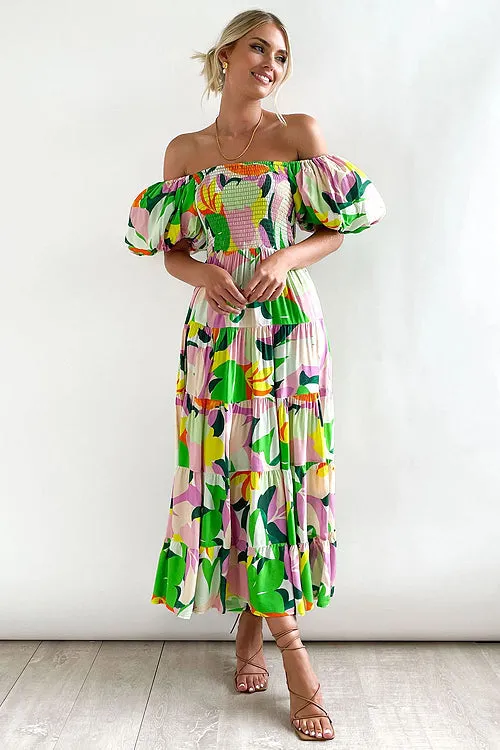 Darling Daylily Floral Print Off Shoulder Smocked Maxi Dress - 6 Colors