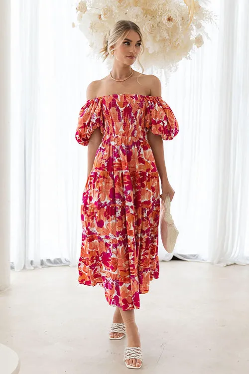 Darling Daylily Floral Print Off Shoulder Smocked Maxi Dress - 6 Colors