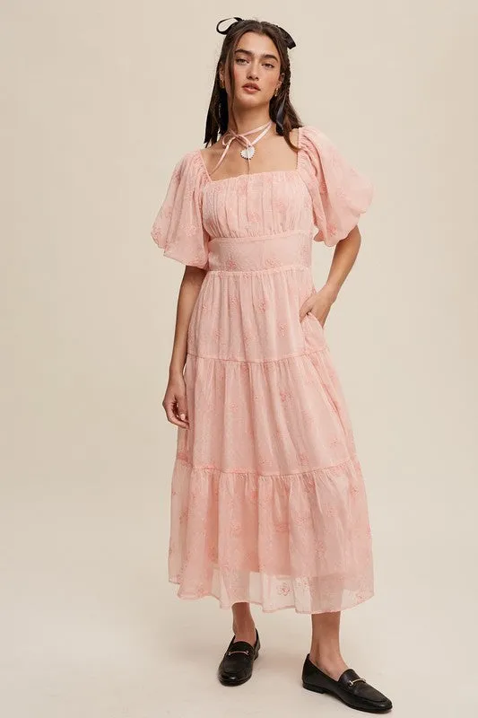 Dee Dee Flower Embroidered Puff Sleeve Maxi Dress